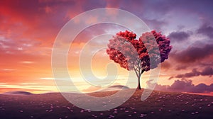 Lonely tree with heart shape under beauty sky. Valentine concept background