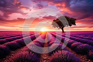 Lonely tree in lavender field at sunset, 3d render, Stunning lavender field landscape at summer sunset with a single tree, AI