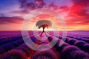 Lonely tree on lavender field at sunset, 3d render, Stunning lavender field landscape Summer sunset with single tree, AI Generated