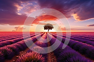 Lonely tree on lavender field at sunset in Provence, France, Stunning lavender field landscape Summer sunset with single tree, AI