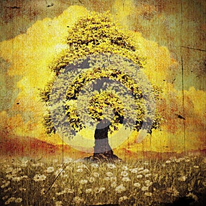 Lonely tree on meadow with daisies grunge style