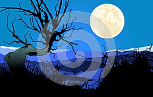 Lonely tree on moonlight night. Landscape with full moon in starry sky