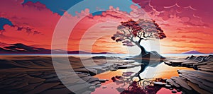A lonely tree with a reflection in the water. Bright landscape, pop surrealism style