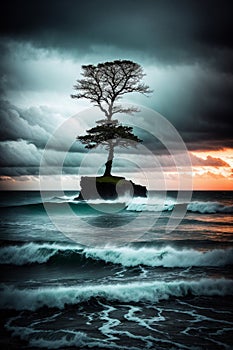 A lonely tree on a rock in the endless ocean with a cloudy sky.