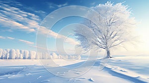 Lonely tree in the snowy field. Beautiful winter landscape