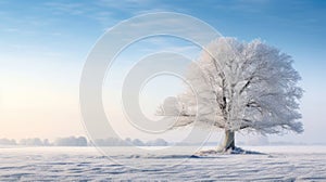 Lonely tree in the snowy field. Beautiful winter landscape