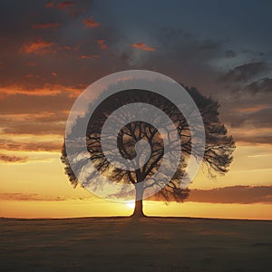 A Lonely tree in the sunset. AI-Generated.