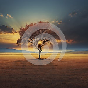 A Lonely tree in the sunset. AI-Generated.