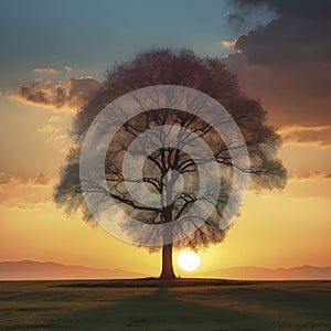 A Lonely tree in the sunset. AI-Generated.