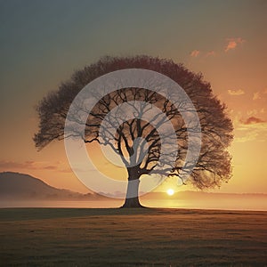 A Lonely tree in the sunset. AI-Generated.