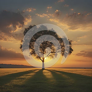 A Lonely tree in the sunset. AI-Generated.