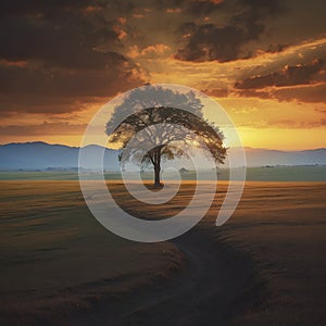 A Lonely tree in the sunset. AI-Generated.