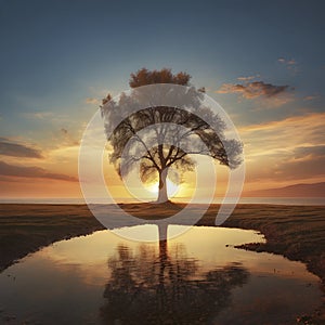 A Lonely tree in the sunset. AI-Generated.