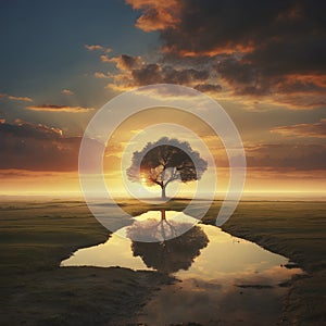 A Lonely tree in the sunset. AI-Generated.