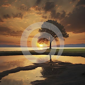 A Lonely tree in the sunset. AI-Generated.