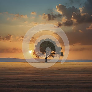 A Lonely tree in the sunset. AI-Generated.