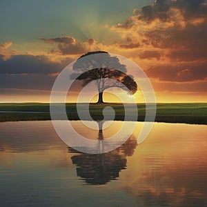 A Lonely tree in the sunset. AI-Generated.