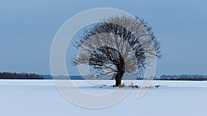 Lonely tree in a winter field. Generated Image