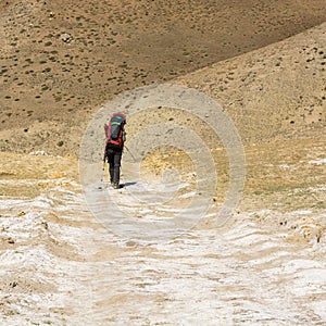 Lonely trekker crossing arid wasteland.