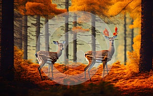 Lonely two deers in the autumn landscape at sunrise.Generative Al Illustration