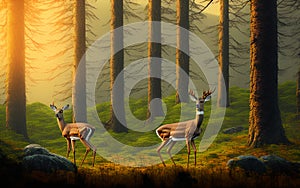 Lonely two deers in the summer landscape at sunrise.Generative Al Illustration