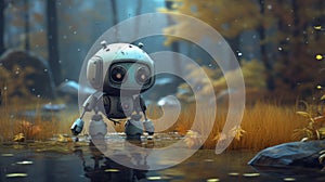 Lonely Underwater Robot In Autumn-colored Woods