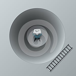 A lonely upset man alone in a dark pit needs help. In the hands of a poster with the text `Help.` Near the pit is a ladder. Vector