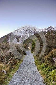 Lonely walk path in paradise places in South New Zealand / Mount Cook National Park