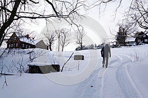 Lonely walk in snowy nature landscape, active lifestyle, mind body soul improvement, winter day in quarantine