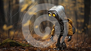 Lonely Welding Robot In Yellow Jacket Walking In The Woods