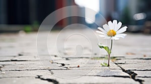 A lonely white flower grows from a crack in the asphalt road. Neutral blurred background. Place for text.