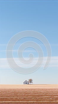 A lonely white house in the middle of a vast field under a clear blue sky