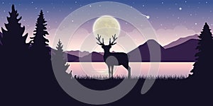 Lonely wildlife reindeer in nature beautiful lake at night with full moon and starry sky mystic landscape