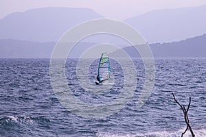 Lonely windsurfer in Gythio on Peloponnes Island, Greece