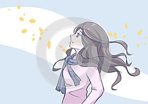 Lonely woman looks up at the sky feeling blue background are windy autumn leaves in pastel vector illustration