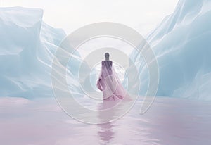 Lonely woman in pastel pink dress walking in frozen landscape.