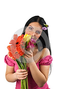 Lonely woman with spring flowers