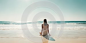 Lonely woman standing absent minded at seaside