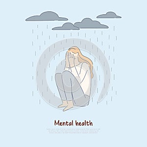 Lonely woman under raining clouds, depressed girl sit alone, bad mood, psychological disorder, depression banner