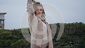 Lonely woman walking cloudy nature looking at distance closeup. Melancholic lady