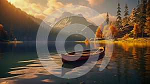 Lonely wooden canoe floating on calm mountain lake. Autumn forest on background of sunset. Illustration traveling boat in river,