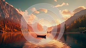 Lonely wooden canoe floating on calm mountain lake. Summer forest on background of sunset. Illustration traveling boat in river
