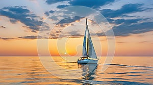 Lonely yacht sailing in the Mediterranean sea at amazing sunset - Sailing luxury yacht with white sails in the Sea. Generative AI