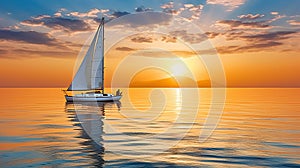 Lonely yacht sailing in the Mediterranean sea at amazing sunset - Sailing luxury yacht with white sails in the Sea. Generative AI