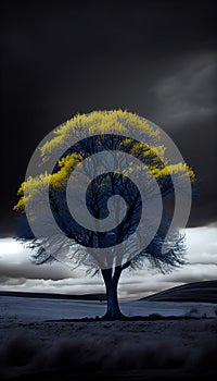 Lonely yellow oak tree in the field