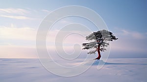 Lonely Yew A Red Single Tree In A Snow Field photo