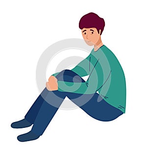 Lonely young boy sitting on floor . Sad man is crying. male character feels depression, sorrow, grief. Concept of mental