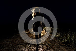 Lonely young frightened woman on an empty night road runs away in the light of the headlights of her car photo