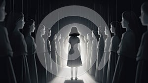 a lonely young mobbed girl is standing alone, spotlight scene, ai generated image