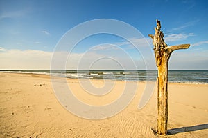 Lonesome beach of the Baltic Sea with blue sky and sail boat
